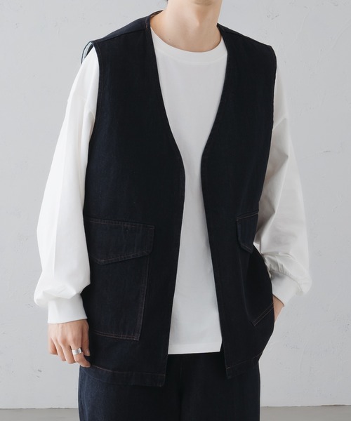 epnok(エプノック)の「ノーカラーデニムジレベスト(ベスト・メンズ・ブラウン/インディゴブルー/ブラック・LARGE/SMALL/MEDIUM)」の4枚目の写真