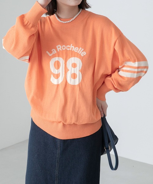 BONLECILL(ボンルシール)の「配色 フレンチロゴ ナンバリング フットボールサマーニットプルオーバー(ニット/セーター・レディース・アイボリー/オレンジ/ブルー/ブラック・FREE)」の14枚目の写真