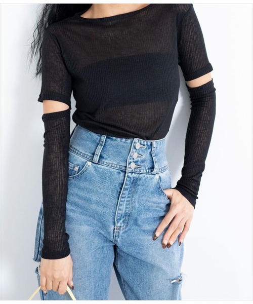 LATINA（ラティーナ）の「2WAYスリーブニットソートップスセーター（Tシャツ/カットソー・レディース・ライトグレー/ブラック・FREE）」の3枚目の写真