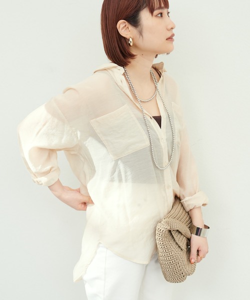 natural couture(ナチュラルクチュール)の「Wポケットシアーシャツ(シャツ/ブラウス・レディース・ピンク/アイボリー/パープル/ライトベージュ/サックスブルー・FREE)」の12枚目の写真