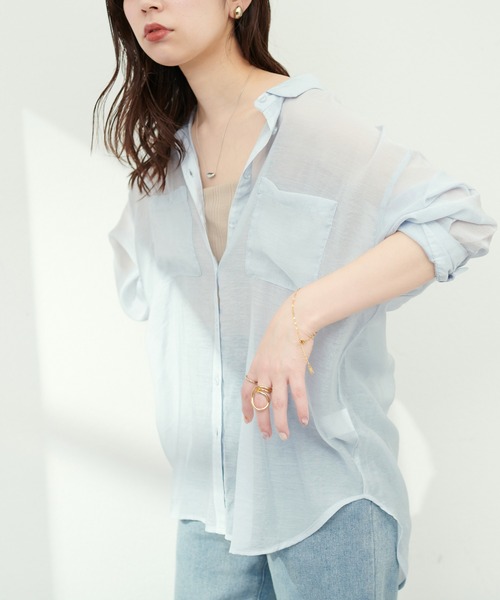 natural couture(ナチュラルクチュール)の「Wポケットシアーシャツ(シャツ/ブラウス・レディース・ピンク/アイボリー/パープル/ライトベージュ/サックスブルー・FREE)」の14枚目の写真