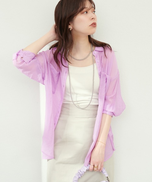 natural couture(ナチュラルクチュール)の「Wポケットシアーシャツ(シャツ/ブラウス・レディース・ピンク/アイボリー/パープル/ライトベージュ/サックスブルー・FREE)」の20枚目の写真