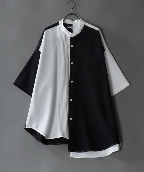 SITRY（シトリー）の「wide silhouette asymmetry pin tuck Band Collar shirt/ワイドシルエット アシンメトリー ピンタック バンドカラー シャツ（シャツ/ブラウス・メンズ・ブラック/ホワイト/ブラック×ホワイト・M/L）」の3枚目の写真