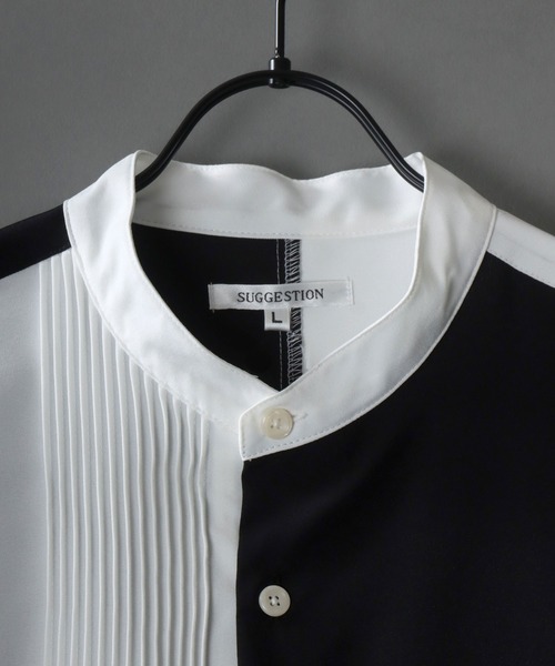 SITRY（シトリー）の「wide silhouette asymmetry pin tuck Band Collar shirt/ワイドシルエット アシンメトリー ピンタック バンドカラー シャツ（シャツ/ブラウス・メンズ・ブラック/ホワイト/ブラック×ホワイト・M/L）」の4枚目の写真