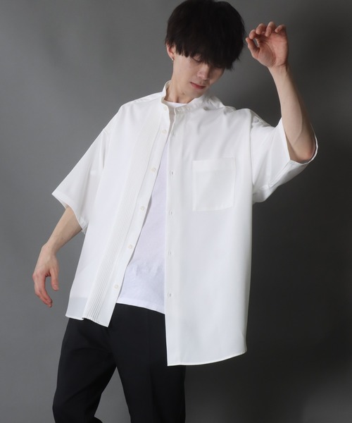 SITRY（シトリー）の「wide silhouette asymmetry pin tuck Band Collar shirt/ワイドシルエット アシンメトリー ピンタック バンドカラー シャツ（シャツ/ブラウス・メンズ・ブラック/ホワイト/ブラック×ホワイト・M/L）」の15枚目の写真