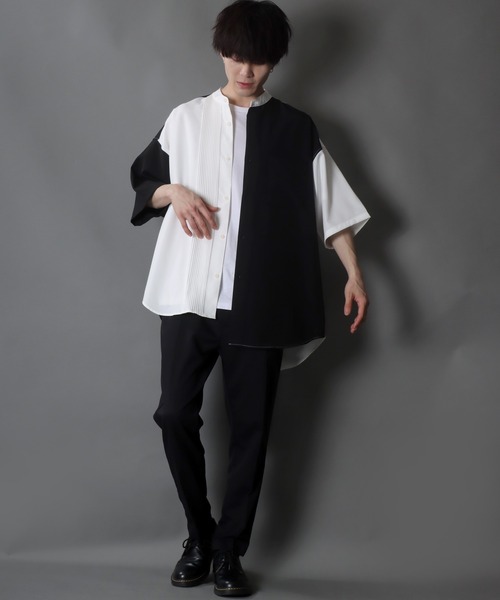 SITRY（シトリー）の「wide silhouette asymmetry pin tuck Band Collar shirt/ワイドシルエット アシンメトリー ピンタック バンドカラー シャツ（シャツ/ブラウス・メンズ・ブラック/ホワイト/ブラック×ホワイト・M/L）」の21枚目の写真