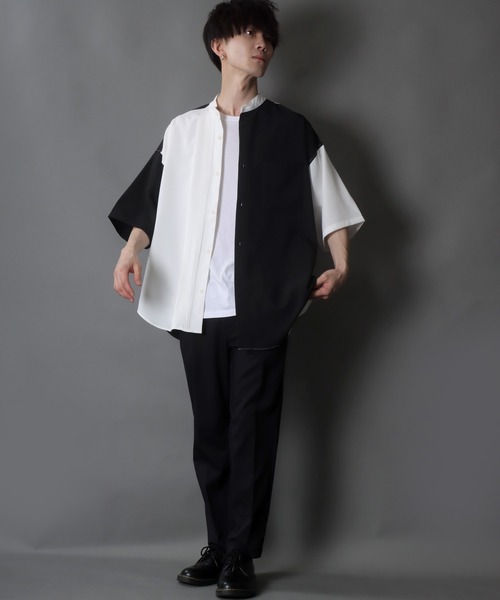 SITRY（シトリー）の「wide silhouette asymmetry pin tuck Band Collar shirt/ワイドシルエット アシンメトリー ピンタック バンドカラー シャツ（シャツ/ブラウス・メンズ・ブラック/ホワイト/ブラック×ホワイト・M/L）」の22枚目の写真