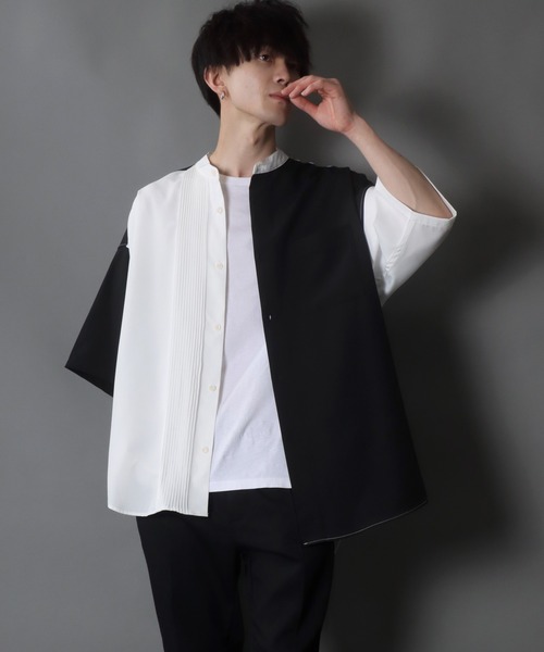 SITRY（シトリー）の「wide silhouette asymmetry pin tuck Band Collar shirt/ワイドシルエット アシンメトリー ピンタック バンドカラー シャツ（シャツ/ブラウス・メンズ・ブラック/ホワイト/ブラック×ホワイト・M/L）」の12枚目の写真
