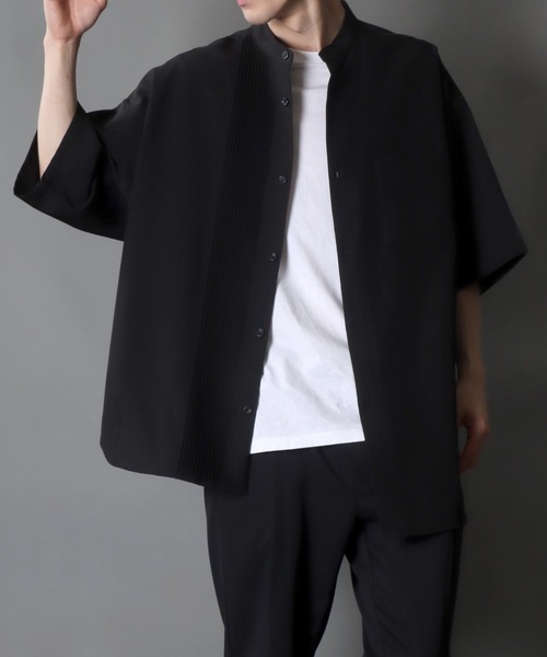 SITRY（シトリー）の「wide silhouette asymmetry pin tuck Band Collar shirt/ワイドシルエット アシンメトリー ピンタック バンドカラー シャツ（シャツ/ブラウス・メンズ・ブラック/ホワイト/ブラック×ホワイト・M/L）」の20枚目の写真