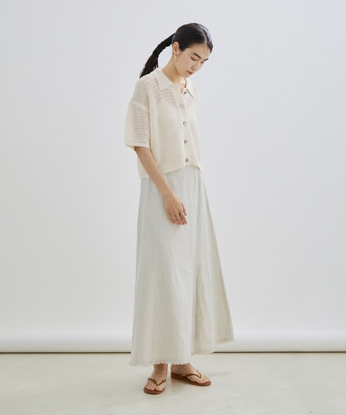 SALON adam et rope'（サロン アダム エ ロペ）の「【手洗い可能】ストローヤーン襟付きメッシュ編みハーフスリーブカーディガン（カーディガン/ボレロ・レディース・ブラック/オフホワイト・FREE）」の4枚目の写真