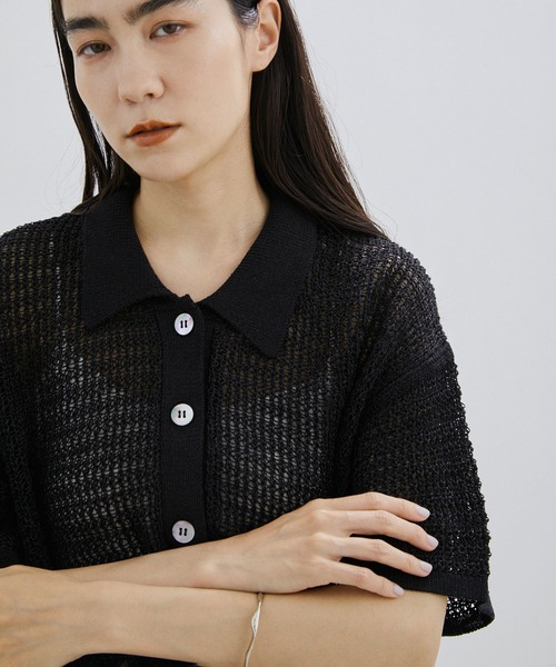 SALON adam et rope'（サロン アダム エ ロペ）の「【手洗い可能】ストローヤーン襟付きメッシュ編みハーフスリーブカーディガン（カーディガン/ボレロ・レディース・ブラック/オフホワイト・FREE）」の16枚目の写真