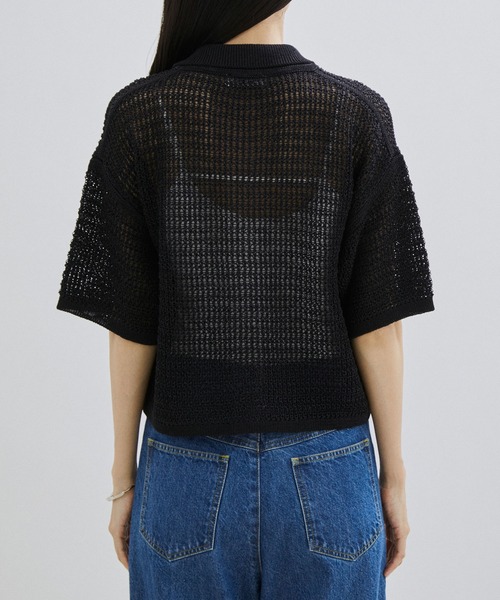 SALON adam et rope'（サロン アダム エ ロペ）の「【手洗い可能】ストローヤーン襟付きメッシュ編みハーフスリーブカーディガン（カーディガン/ボレロ・レディース・ブラック/オフホワイト・FREE）」の18枚目の写真