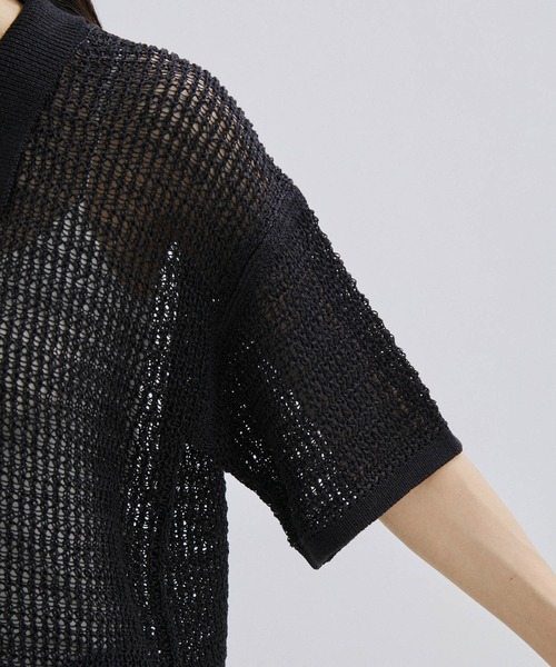 SALON adam et rope'（サロン アダム エ ロペ）の「【手洗い可能】ストローヤーン襟付きメッシュ編みハーフスリーブカーディガン（カーディガン/ボレロ・レディース・ブラック/オフホワイト・FREE）」の11枚目の写真