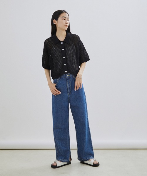 SALON adam et rope'（サロン アダム エ ロペ）の「【手洗い可能】ストローヤーン襟付きメッシュ編みハーフスリーブカーディガン（カーディガン/ボレロ・レディース・ブラック/オフホワイト・FREE）」の6枚目の写真