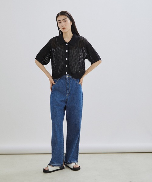 SALON adam et rope'（サロン アダム エ ロペ）の「【手洗い可能】ストローヤーン襟付きメッシュ編みハーフスリーブカーディガン（カーディガン/ボレロ・レディース・ブラック/オフホワイト・FREE）」の17枚目の写真