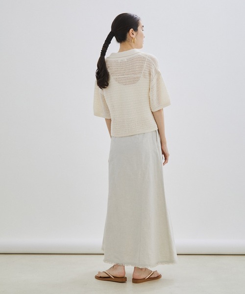 SALON adam et rope'（サロン アダム エ ロペ）の「【手洗い可能】ストローヤーン襟付きメッシュ編みハーフスリーブカーディガン（カーディガン/ボレロ・レディース・ブラック/オフホワイト・FREE）」の14枚目の写真