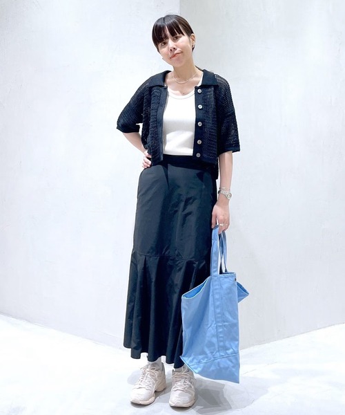 SALON adam et rope'（サロン アダム エ ロペ）の「【手洗い可能】ストローヤーン襟付きメッシュ編みハーフスリーブカーディガン（カーディガン/ボレロ・レディース・ブラック/オフホワイト・FREE）」の3枚目の写真