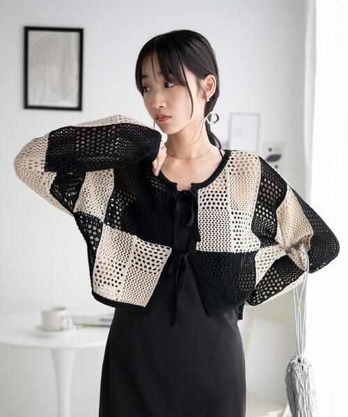 WEGO（ウィゴー）の「WEGO/パッチワークカラーニットカーデ（カーディガン/ボレロ・レディース・ブラック/オレンジ・FREE）」の2枚目の写真