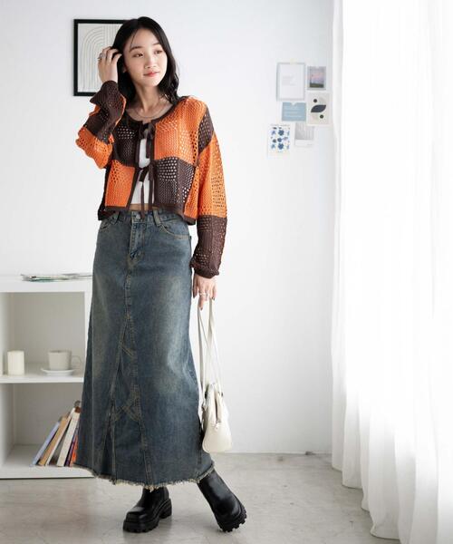 WEGO（ウィゴー）の「WEGO/パッチワークカラーニットカーデ（カーディガン/ボレロ・レディース・ブラック/オレンジ・FREE）」の10枚目の写真