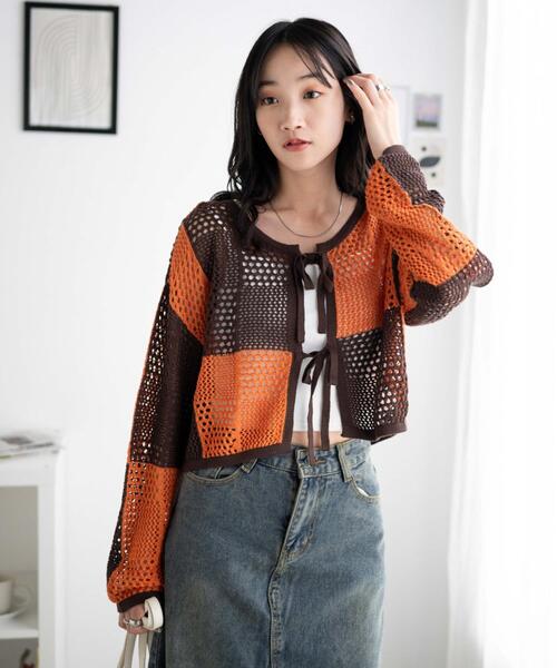 WEGO（ウィゴー）の「WEGO/パッチワークカラーニットカーデ（カーディガン/ボレロ・レディース・ブラック/オレンジ・FREE）」の14枚目の写真