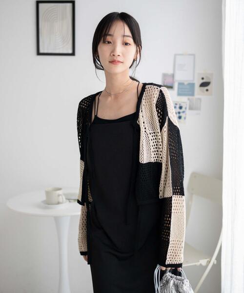 WEGO（ウィゴー）の「WEGO/パッチワークカラーニットカーデ（カーディガン/ボレロ・レディース・ブラック/オレンジ・FREE）」の8枚目の写真