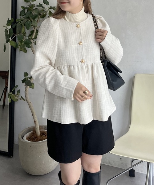 prose verse（プロズヴェール）の「パフスリーブツイードペプラムジャケット（ノーカラージャケット・レディース・ブラック/オフホワイト・ﾌﾘ-）」の9枚目の写真