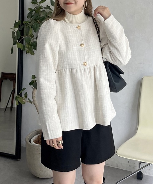 prose verse（プロズヴェール）の「パフスリーブツイードペプラムジャケット（ノーカラージャケット・レディース・ブラック/オフホワイト・ﾌﾘ-）」の10枚目の写真