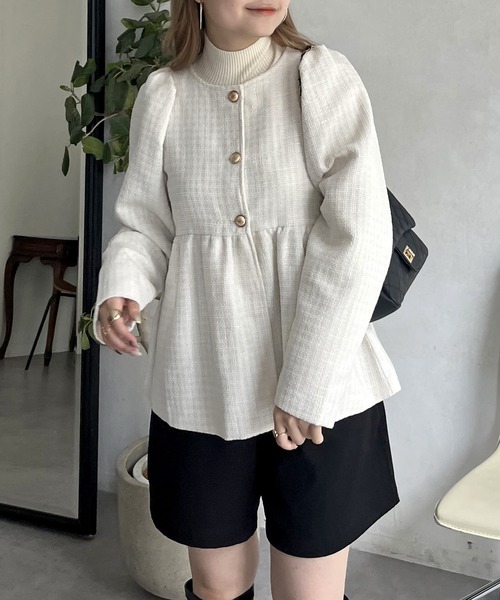 prose verse（プロズヴェール）の「パフスリーブツイードペプラムジャケット（ノーカラージャケット・レディース・ブラック/オフホワイト・ﾌﾘ-）」の15枚目の写真