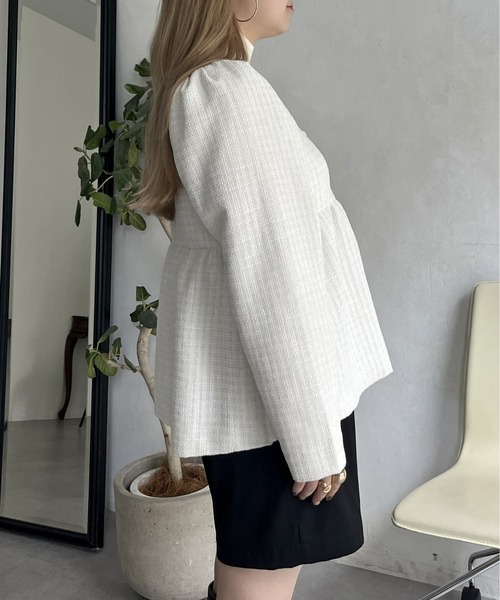 セール】パフスリーブツイードペプラムジャケット（ノーカラー