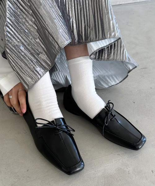 フラット バイカラ― レースアップ スクエアトゥ  パンプス セール】lace up square toe pumps／レースアップスクエアトゥ