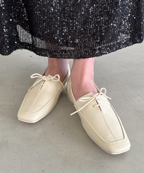 フラット バイカラ― レースアップ スクエアトゥ  パンプス セール】lace up square toe pumps／レースアップスクエアトゥ