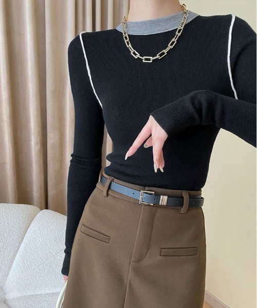 kirakiraShop(キラキラショップ)の「クルーネック バイカラー ニット(ニット/セーター・レディース・ブラック/ワイン/ブルー・FREE)」の13枚目の写真