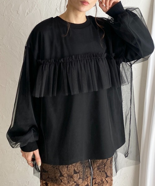 She's Closet(シーズクローゼット)の「シアーレイヤード長袖フリルビスチェチュールドッキングスウェットプルオーバー(スウェット・レディース・ブラック/オートミール/ライトベージュ・FREE)」の2枚目の写真