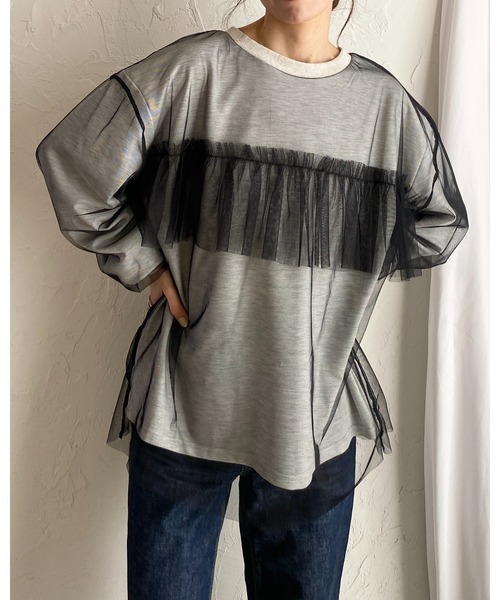She's Closet(シーズクローゼット)の「シアーレイヤード長袖フリルビスチェチュールドッキングスウェットプルオーバー(スウェット・レディース・ブラック/オートミール/ライトベージュ・FREE)」の4枚目の写真