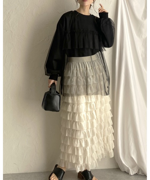 She's Closet(シーズクローゼット)の「シアーレイヤード長袖フリルビスチェチュールドッキングスウェットプルオーバー(スウェット・レディース・ブラック/オートミール/ライトベージュ・FREE)」の16枚目の写真