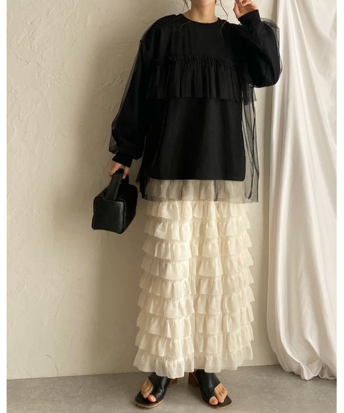 She's Closet(シーズクローゼット)の「シアーレイヤード長袖フリルビスチェチュールドッキングスウェットプルオーバー(スウェット・レディース・ブラック/オートミール/ライトベージュ・FREE)」の17枚目の写真