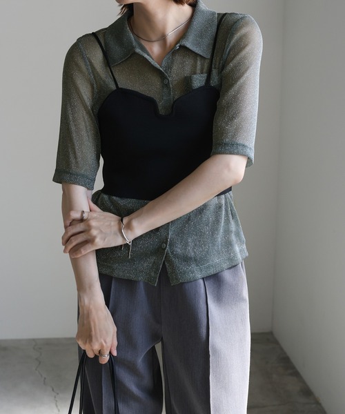 select MOCA（セレクトモカ）の「【ZOZO限定】ラメシアーハーフスリーブシャツ（シャツ/ブラウス・レディース・グレー/シルバー/グレイッシュベージュ/カーキ・FREE）」の11枚目の写真