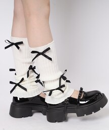 厚底 リボン付きダブルストラップパンプス