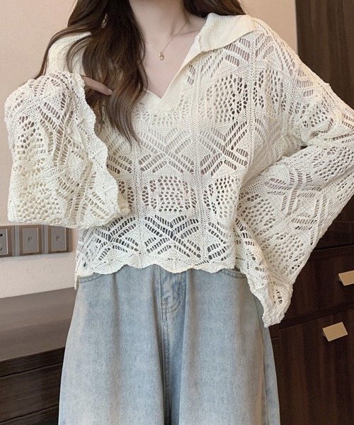 Miniministore(ミニミニストア)の「透かし編み ニットトップス ベルスリーブ(ニット/セーター・レディース・グリーン/キャメル/ピンク/ブラック/アイボリー・FREE)」の12枚目の写真