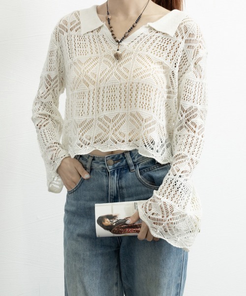 Miniministore(ミニミニストア)の「透かし編み ニットトップス ベルスリーブ(ニット/セーター・レディース・グリーン/キャメル/ピンク/ブラック/アイボリー・FREE)」の22枚目の写真