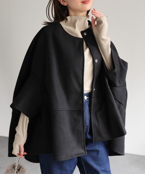 セール】フェイクウール ノーカラーケープコート/ポンチョ/秋冬
