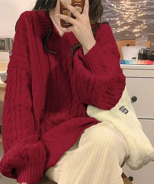 gossip!ロサンゼルス(ゴシップロサンゼルス)の「YUGA Vネックツイストセーター(ニット/セーター・レディース・オフホワイト/ライトグリーン/グレー・FREE)」の13枚目の写真
