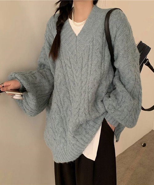 gossip!ロサンゼルス(ゴシップロサンゼルス)の「YUGA Vネックツイストセーター(ニット/セーター・レディース・オフホワイト/ライトグリーン/グレー・FREE)」の19枚目の写真