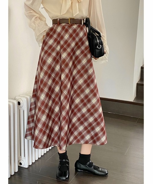 DABUWAWA 上品 ロング スカート チェック柄 ベルト ハイウエスト DABUWAWA 上品 ロング スカート チェック柄 ハイウエスト 大人気
