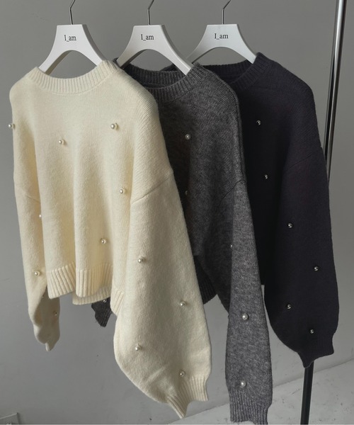 I_am(アイアム)の「round neck pearl accent knit / ラウンドネックパールアクセントニット(ニット/セーター・レディース・グレー/アイボリー/チャコール・FREE)」の4枚目の写真