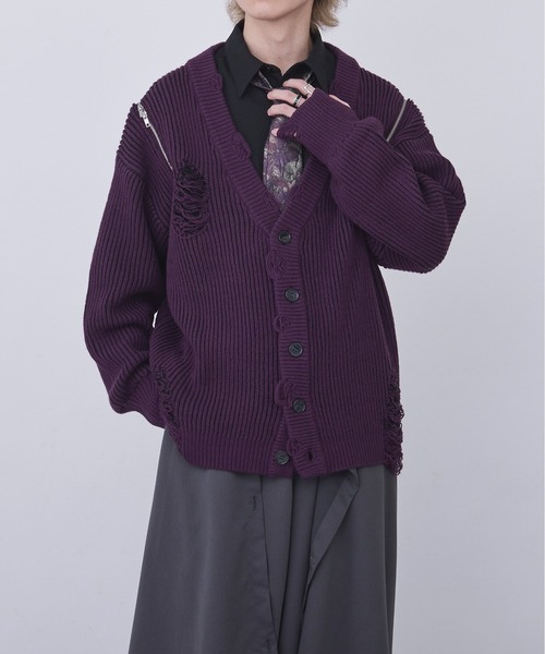 【美品】STONE  ブラックカーディガン L セール】ショルダージップダメージカーディガン（カーディガン/ボレロ