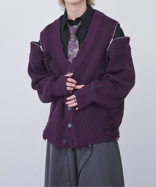 Ellno Loset（エルノロゼット）の「ショルダージップダメージカーディガン（カーディガン/ボレロ・メンズ・パープル/ブラック・LARGE/SMALL/MEDIUM）」の9枚目の写真