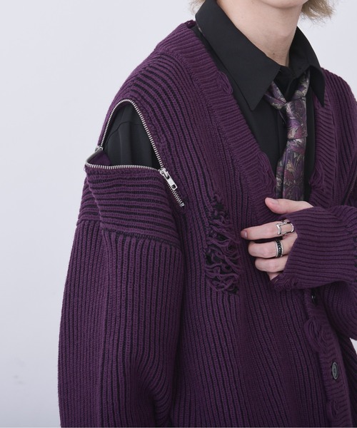 Ellno Loset（エルノロゼット）の「ショルダージップダメージカーディガン（カーディガン/ボレロ・メンズ・パープル/ブラック・LARGE/SMALL/MEDIUM）」の10枚目の写真