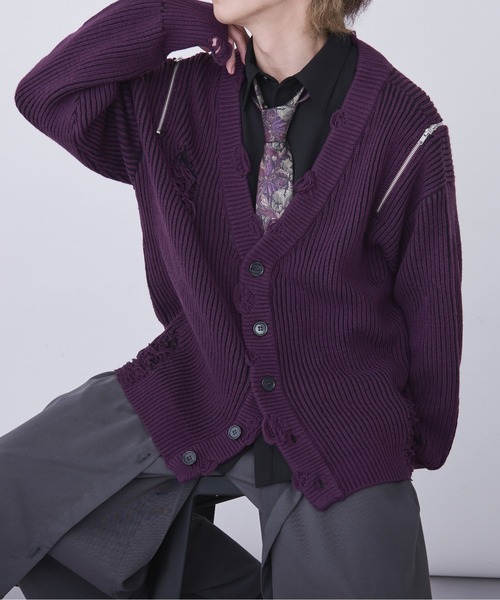 Ellno Loset（エルノロゼット）の「ショルダージップダメージカーディガン（カーディガン/ボレロ・メンズ・パープル/ブラック・LARGE/SMALL/MEDIUM）」の17枚目の写真