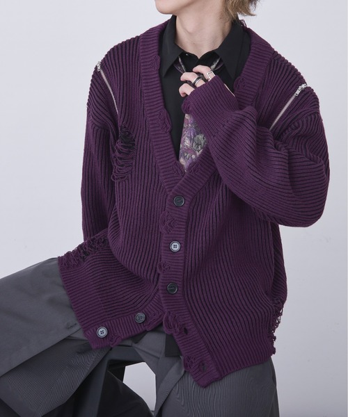 Ellno Loset（エルノロゼット）の「ショルダージップダメージカーディガン（カーディガン/ボレロ・メンズ・パープル/ブラック・LARGE/SMALL/MEDIUM）」の18枚目の写真